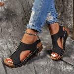 Women's Solid Color Wedge Heeled Sandals, Casual Open Toe Platform Shoes, Comfortable Ankle Strap Sandals - Image 10