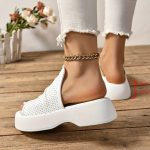 Women's Platform Slide Sandals, Comfortable White Platform Perforated Design, Summer Breathable Wedge Footwear - Image 14