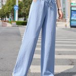 Minimalist Solid Drawstring Pants, Casual Long Length Elastic Waist Wide Leg Pants, Women's Clothing - Image 5