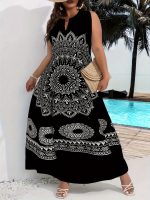 Mandala Floral Print Maxi Dress, Elegant Notched Neck Sleeveless Dress, Women's Clothing - Image 5
