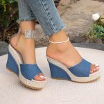 Women's Solid Color Casual Sandals, Platform Slip On Peep Toe Walking Slides, Comfort Wedge Beach Shoes