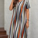 Stripe Print Short Sleeve Dress, Casual Notch Neck Loose Dress For Spring & Summer, Women's Clothing - Image 2