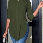 Split Button Front Shirt, Casual Long Sleeve Curved Hem Shirt, Women's Clothing - Image 2