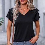 V Neck Ruffle Sleeve Solid Casual Tops
