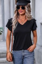 V Neck Ruffle Sleeve Solid Casual Tops