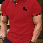 Men's Summer Fashion, Horse Riding Knight Pattern Short Sleeve Lapel Collar Henley Shirt, Chic And Trendy Golf Tops For Business And Outdoors Sports Wear - Image 3