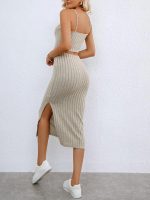 Ribbed Knit Two-piece Skirt Set, Crop Cami Top & Split Hem Skirt Outfits, Women's Clothing - Image 6