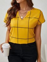 Plaid Print Notched Neck Blouse, Casual Short Sleeve Blouse For Spring & Summer, Women's Clothing - Image 7