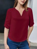 Solid Color Notched Neck Blouse, Elegant Half Sleeve Blouse For Spring & Fall, Women's Clothing - Image 6