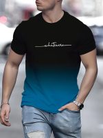Alphabet Print Gradient Crew Neck Short Sleeve T-shirt For Men, Casual Summer T-Shirt For Daily Wear And Vacation Resorts