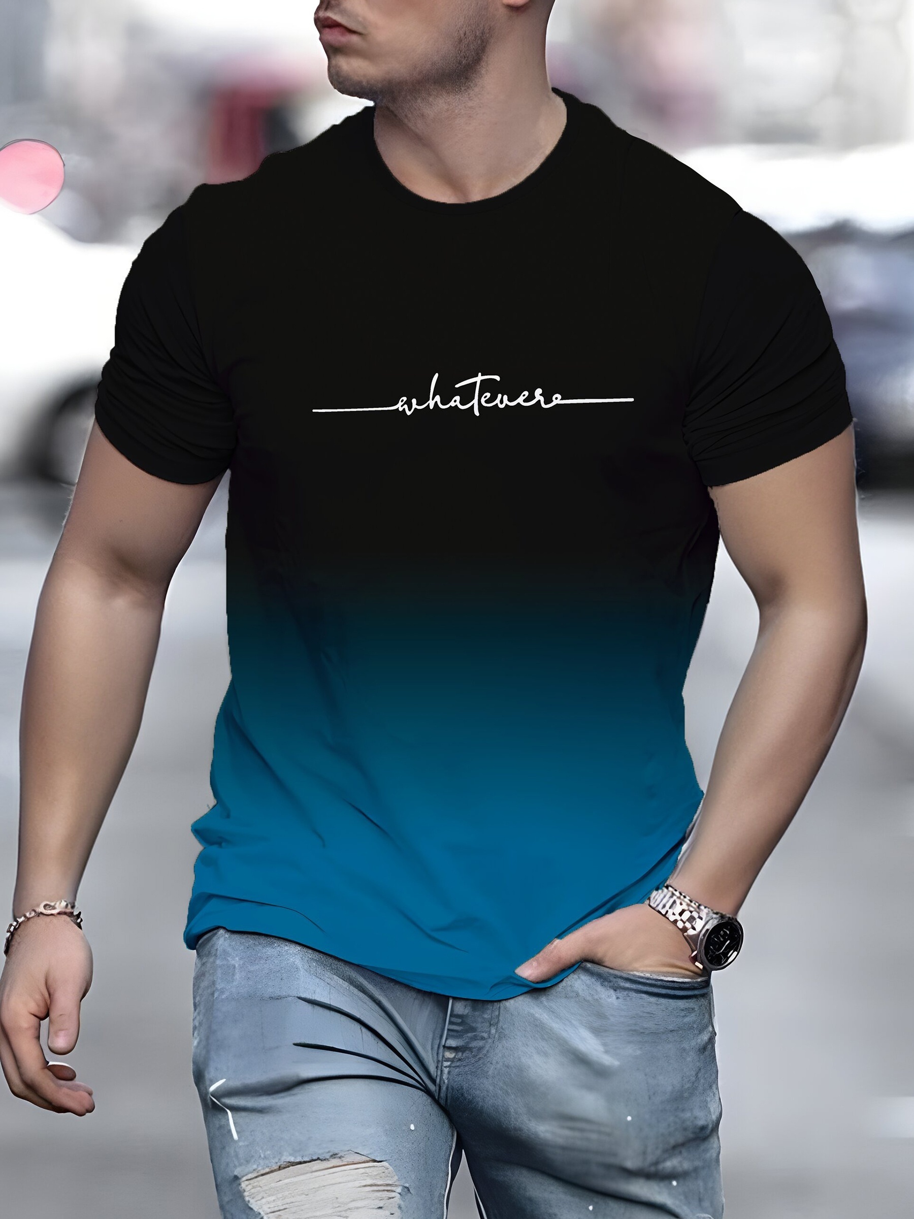 864f03f2-e58a-43ec-bb21-35eb79f3ff0f.jpg Alphabet Print Gradient Crew Neck Short Sleeve T-shirt For Men, Casual Summer T-Shirt For Daily Wear And Vacation Resorts - Image 1