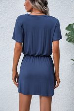 Solid Color V Neck Short Sleeve Casual Mini Dress - Image 6