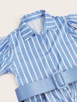 Elegant Striped Lace Up Long Dress, Short Sleeve V-neck Swing Belt Summer Long Dresses, Women's Clothing - Image 6