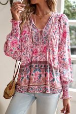V Neck Floral Print Long Sleeve Casual Tops - Image 2