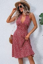 Fashion V Neck Floral Print Halter Neck Dress - Image 2