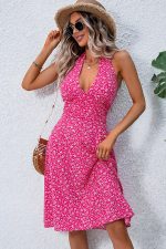 Fashion V Neck Floral Print Halter Neck Dress - Image 2