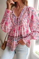 V Neck Floral Print Long Sleeve Casual Tops - Image 3
