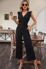 Ruffle Hem Solid Color V Neck Jumpsuit