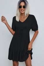 V Neck Drawstring Waist Solid Casual Mini Dress - Image 2