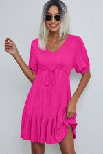 V Neck Drawstring Waist Casual Mini Dress - Image 2
