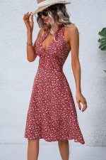 Fashion V Neck Floral Print Halter Neck Dress - Image 4