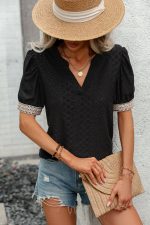 Solid Color Patchwork Short Sleeve Casual Tops - Image 2