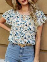 Floral Print Keyhole Blouse, Ruffle Layered Casual Blouse, Women's Clothing - Image 5
