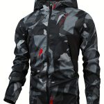 Geometric Pattern Design Men's Color Blocked Zip Up Hooded Indbreaker, Suitable For Outdoor Hiking, Camping And Travel In All Seasons - Image 4