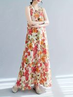 Floral Print Crew Neck Dress, Elegant Sleeveless Dress For Spring & Summer, Women's Clothing