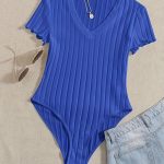 Solid V Neck Rib Knit Bodysuit, Casual Short Sleeve Basic Bodysuit, Women's Clothing - Image 5