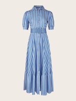 Elegant Striped Lace Up Long Dress, Short Sleeve V-neck Swing Belt Summer Long Dresses, Women's Clothing - Image 3