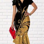 Graphic Print V-neck Dress, Elegant Ruffle Trim Bodycon Dress For Spring & Summer, Women's Clothing - Image 2