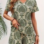 Casual Allover Print Two-piece Set, Short Sleeve V Neck Top & Shorts Outfits, Women's Clothing