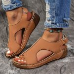 Women's Solid Color Wedge Heeled Sandals, Casual Open Toe Platform Shoes, Comfortable Ankle Strap Sandals - Image 3