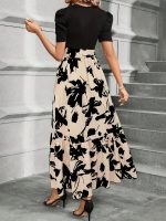 Lace Up Floral Print Splicing Dress, Elegant Crew Neck Short Sleeve Dress For Spring & Summer, Women's Clothing - Image 5