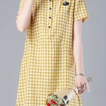 Plaid Print Button Up With Pocket Dress, Casual Short Sleeve Loose Dress For Spring & Summer, Women's Clothing