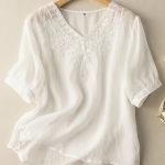 Floral Embroidery V Neck T-shirt, Vintage Half Sleeve Loose T-shirt For Spring & Summer, Women's Clothing - Image 4