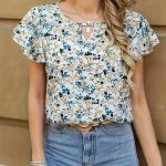 Floral Print Keyhole Blouse, Ruffle Layered Casual Blouse, Women's Clothing