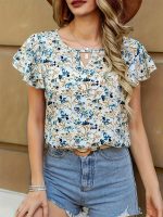 Floral Print Keyhole Blouse, Ruffle Layered Casual Blouse, Women's Clothing