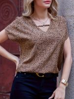 Dalmatian Print V Neck Blouse, Casual Short Sleeve Top For Spring & Summer, Women's Clothing - Image 6