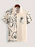 Men's Stylish Loose Giraffe Print Shirt, Casual Breathable Lapel Button Up Short Sleeve Shirt For Summer Outdoor Activities
