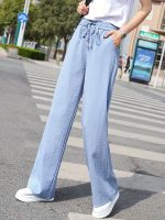 Minimalist Solid Drawstring Pants, Casual Long Length Elastic Waist Wide Leg Pants, Women's Clothing - Image 8