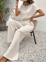Solid Color Summer & Spring Casual Two-piece Set, Batwing Sleeve Crop Top & Tie Front Pants Outfits, Women's Clothing - Image 9