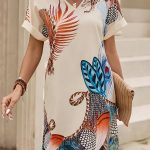 Graphic Print V Neck Dress, Vintage Short Sleeve Dress For Spring & Summer, Women's Clothing
