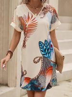 Graphic Print V Neck Dress, Vintage Short Sleeve Dress For Spring & Summer, Women's Clothing