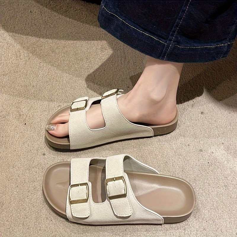 9820d5cd-0882-4ac8-8eef-79345f8eb174.jpg Women's Solid Color Casual Sandals, Platform Slip On Double Adjustable Buckle Beach Slides, Casual Seaside Daily Footwear - Image 1