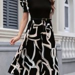 Graphic Print Mock Neck Dres, Elegant Short Sleeve A-line Dress For Spring & Summer, Women's Clothing