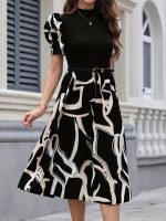 Graphic Print Mock Neck Dres, Elegant Short Sleeve A-line Dress For Spring & Summer, Women's Clothing