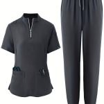 Solid Color Two-piece Scrub Set, Zip Front Short Sleeve Pockets Scrub Top & Drawstring Pants Outfits For Medical & Health Care, Women's Clothing
