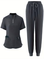 Solid Color Two-piece Scrub Set, Zip Front Short Sleeve Pockets Scrub Top & Drawstring Pants Outfits For Medical & Health Care, Women's Clothing